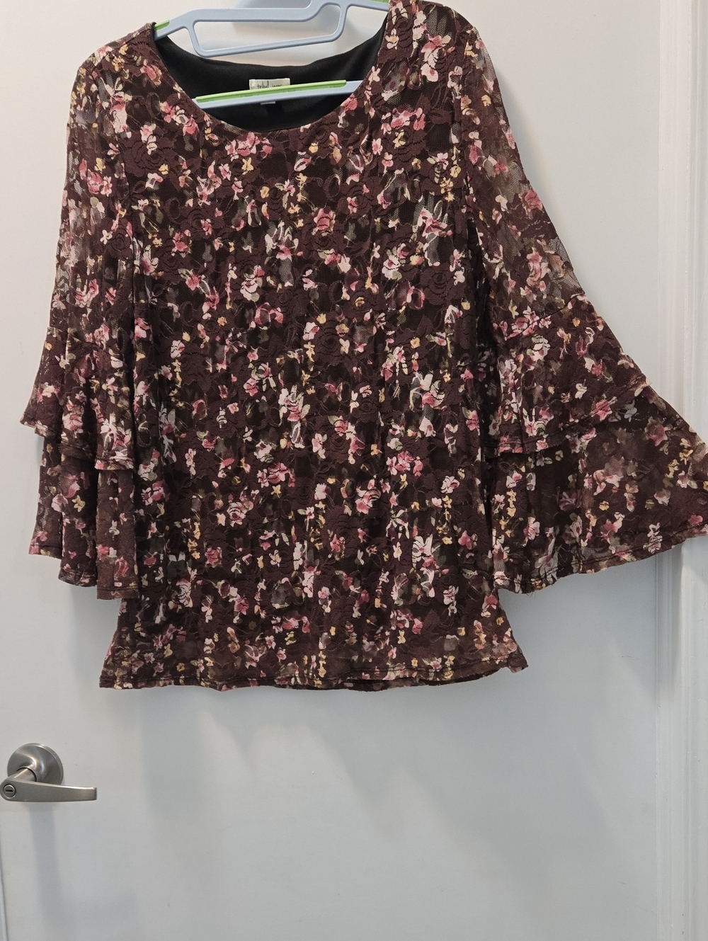 Tribal Brown Floral Bell-Sleeve Blouse with Pink Accents